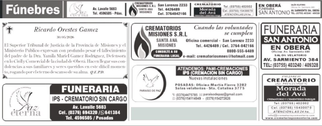 Listado de fúnebres del lunes 1 de junio de 2026